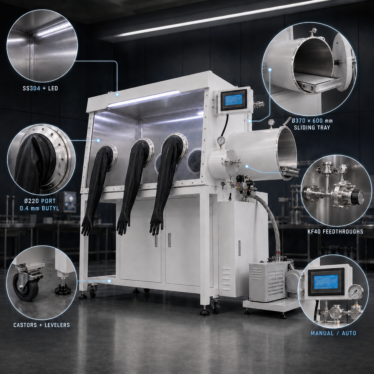 Vacuum Six Port Glove Box Two Sided – View 5